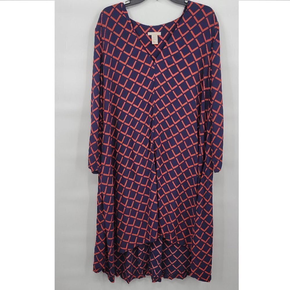 H&M Women Blue Long Sleeve V Neck Geometric Print Flare Maxi Dress Size 12